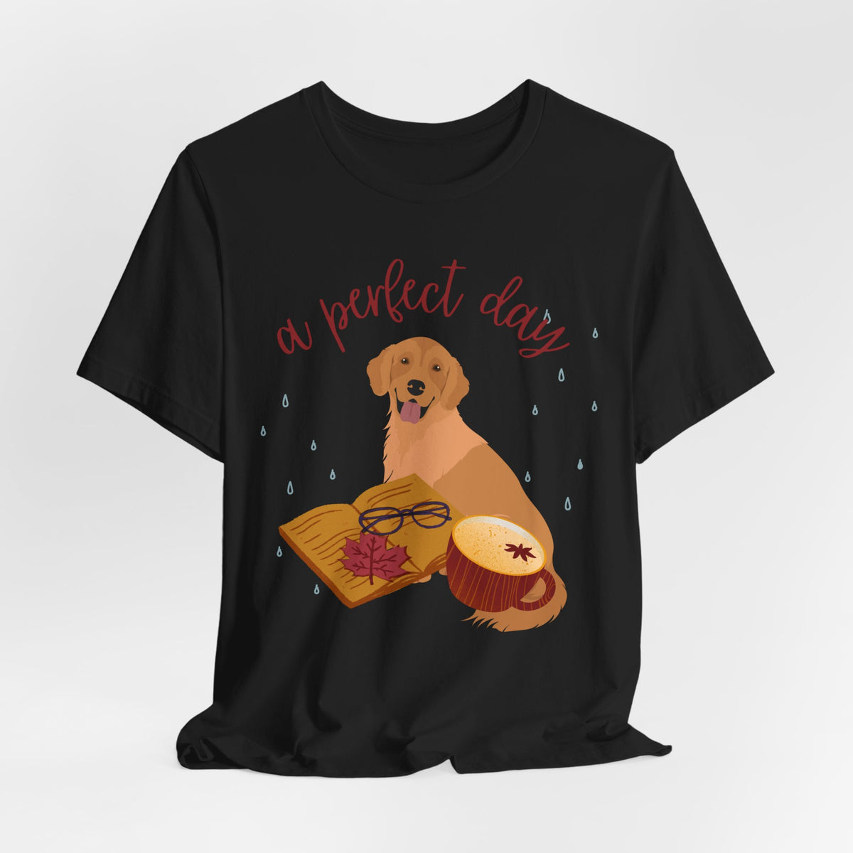 Cozy Golden Retriever Tee — "A Perfect Day" Book, Tea & Dog Graphic Shirt