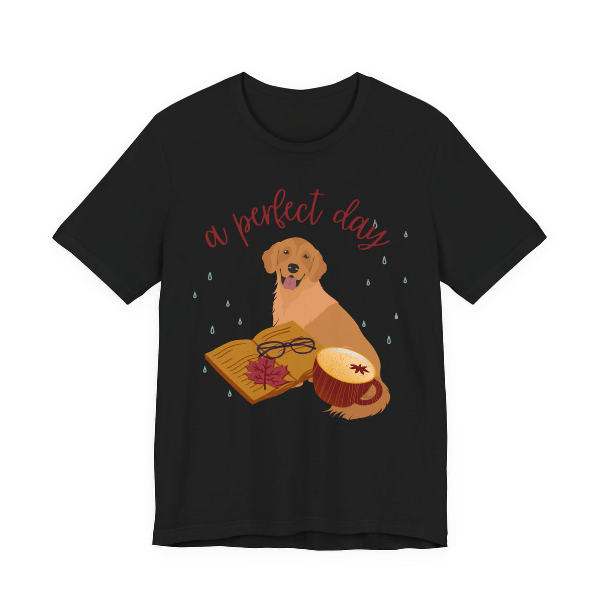 Cozy Golden Retriever Tee — "A Perfect Day" Book, Tea & Dog Graphic Shirt