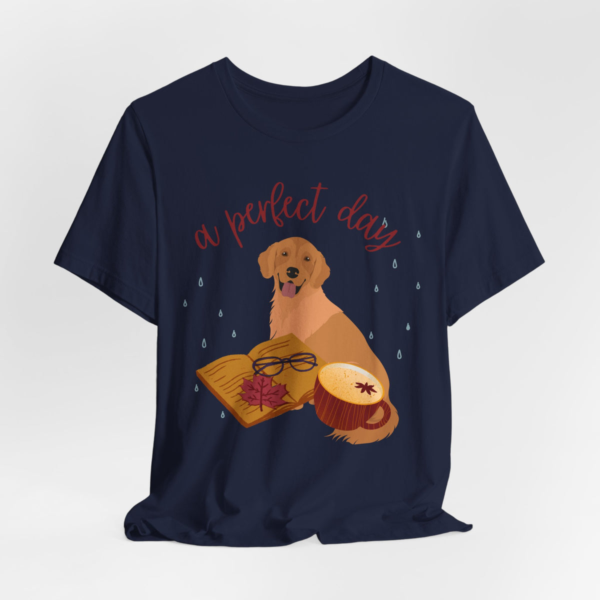 Cozy Golden Retriever Tee — "A Perfect Day" Book, Tea & Dog Graphic Shirt